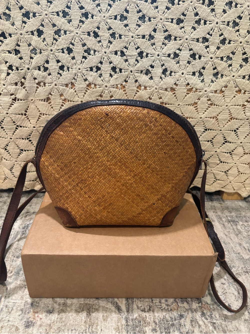 Woven Straw Crossbody Bag with Brown Leather Trim